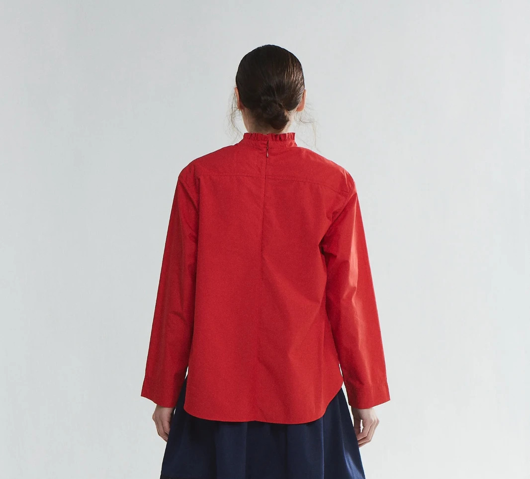 Fabiana Pigna Babette Tomato Red Cotton Poplin Ruffle Top Small Luxury Office