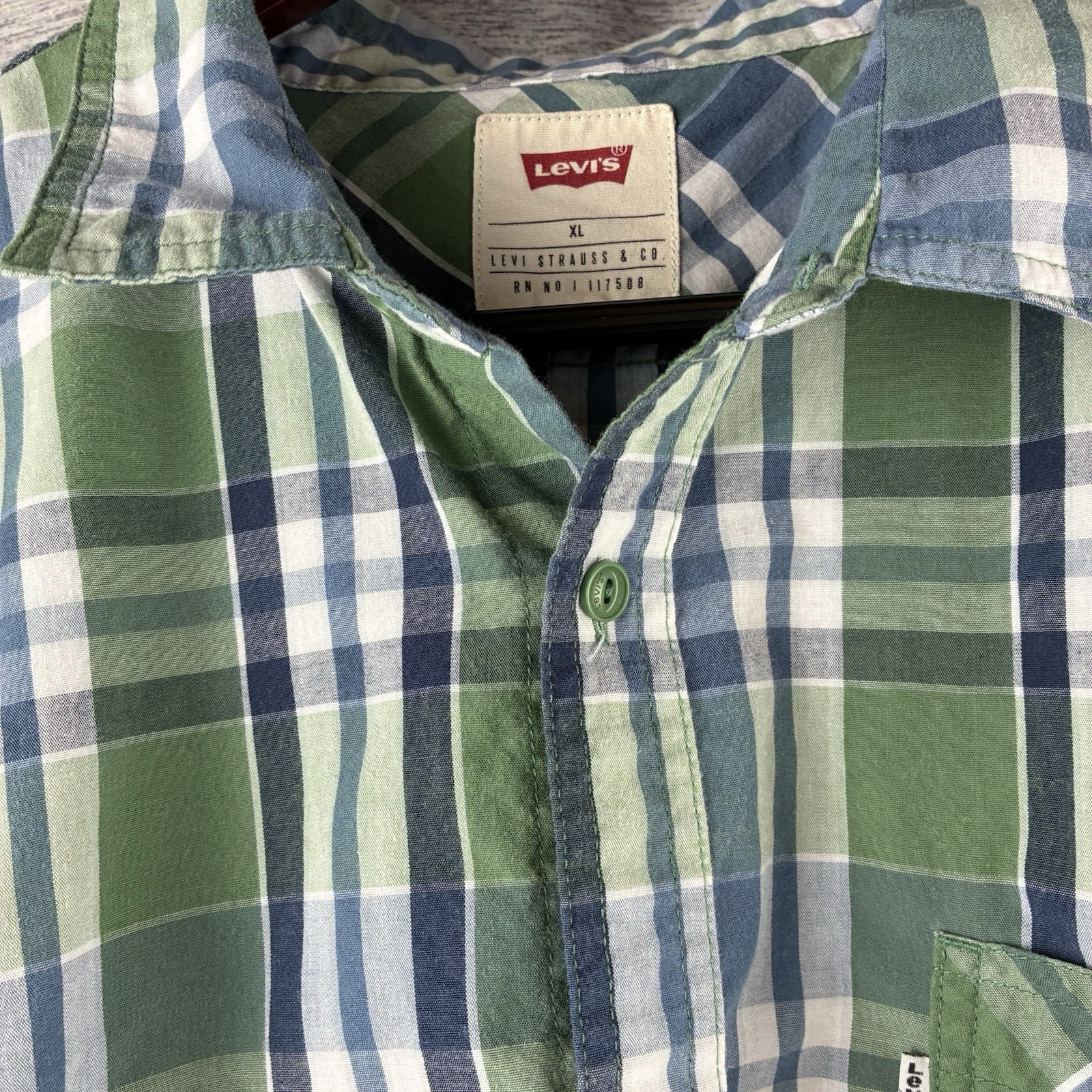 Levi’s Plaid Button Up Shirt Mens Navy Blue Green White Short Sleeve Gorpcore XL