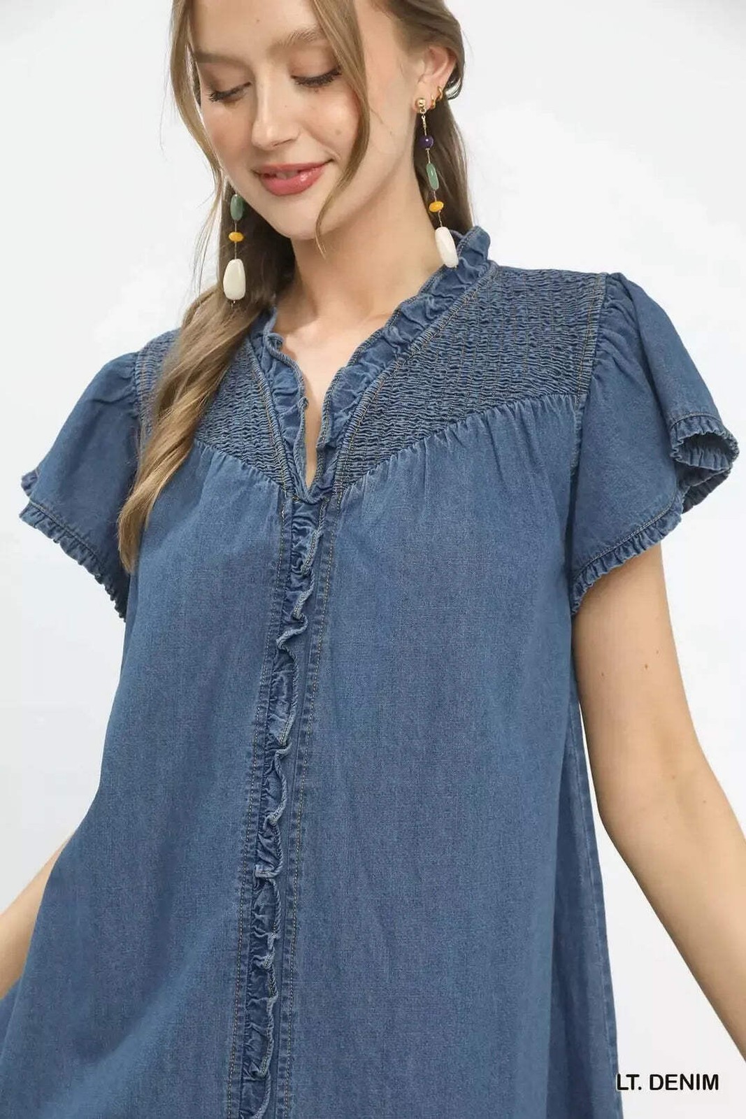 Umgee 100% Cotton Blue Denim Ruffled Collar Flared Short Sleeve Ruffle Hem Dress
