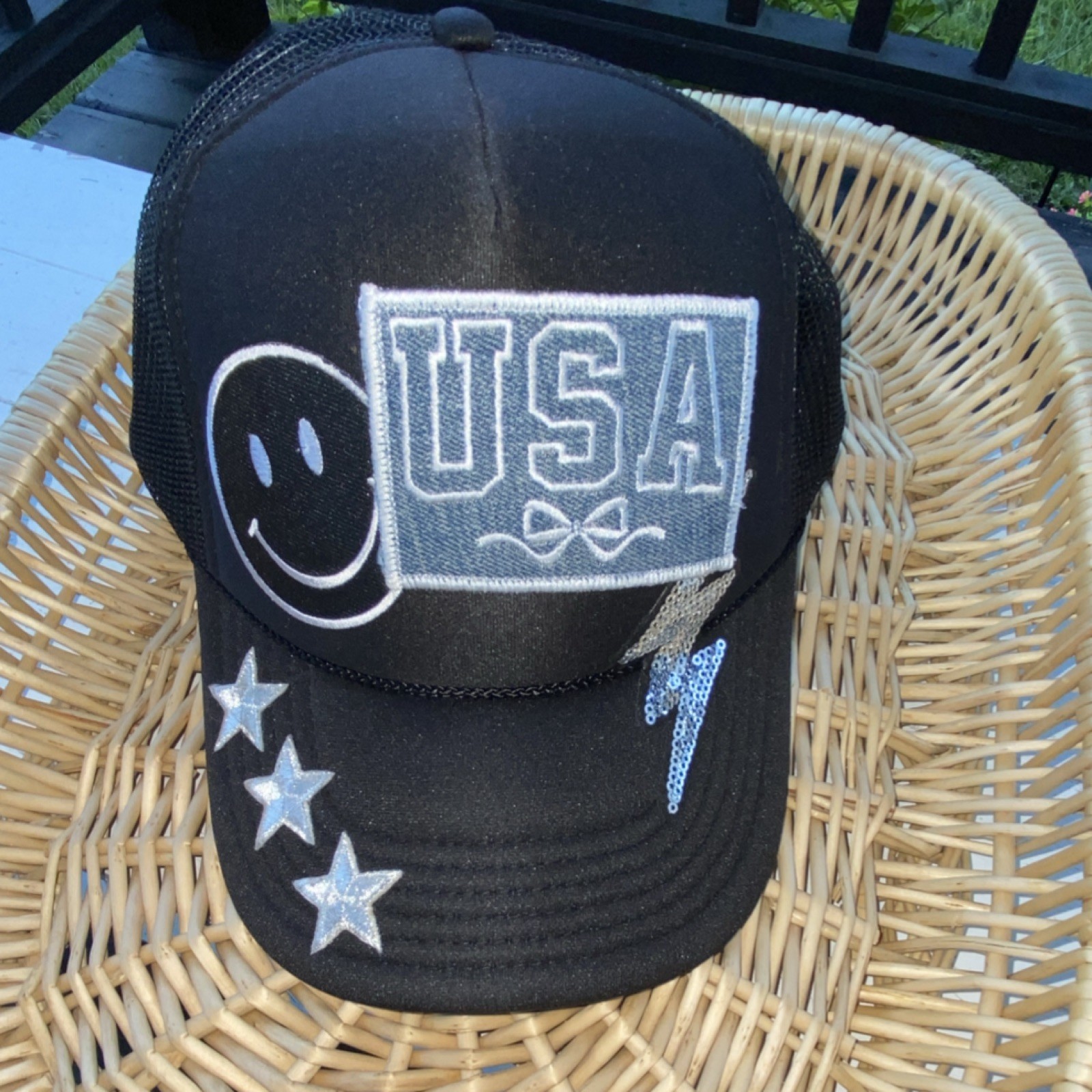 Otto USA Smiley Graphic Black Trucker Hat Mesh Back Adjustable One Size