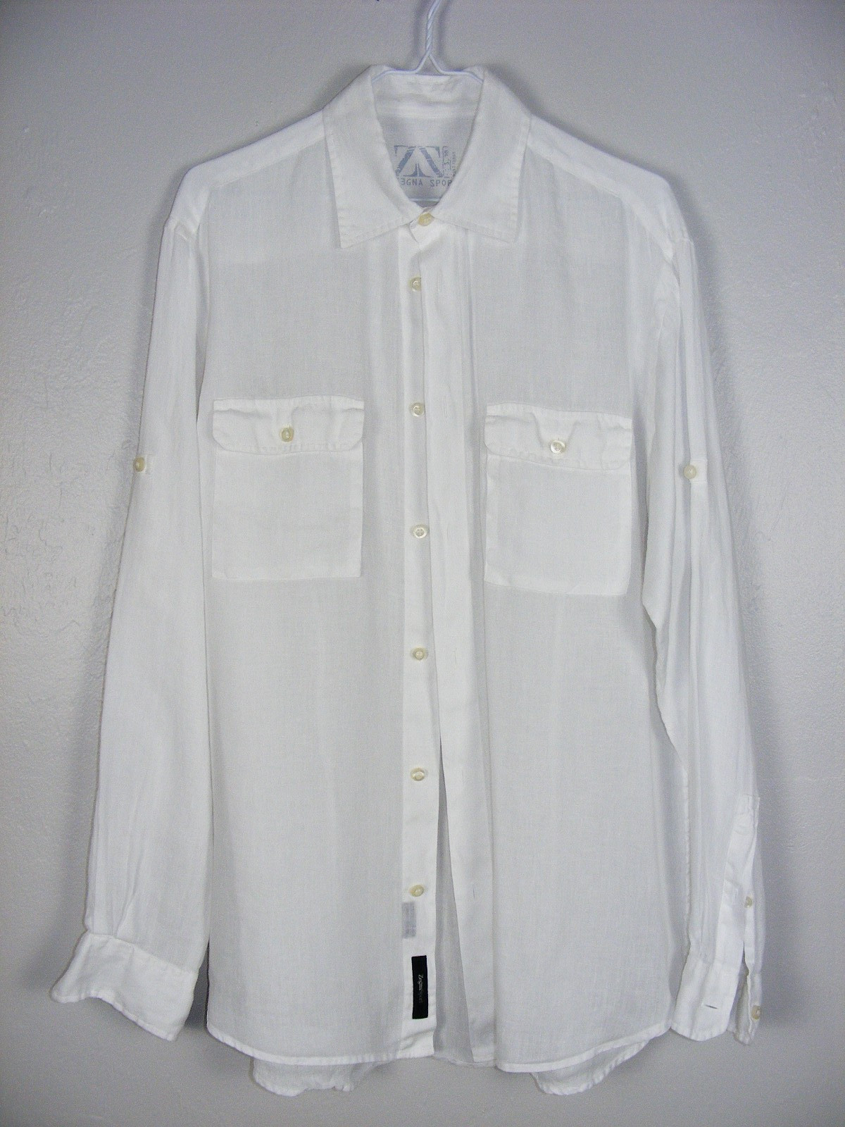 MENS SZ L ERMENEGILDO ZEGNA SPORT 100% LINEN WHITE ROLL UP BUTTON SLEEVE SHIRT L