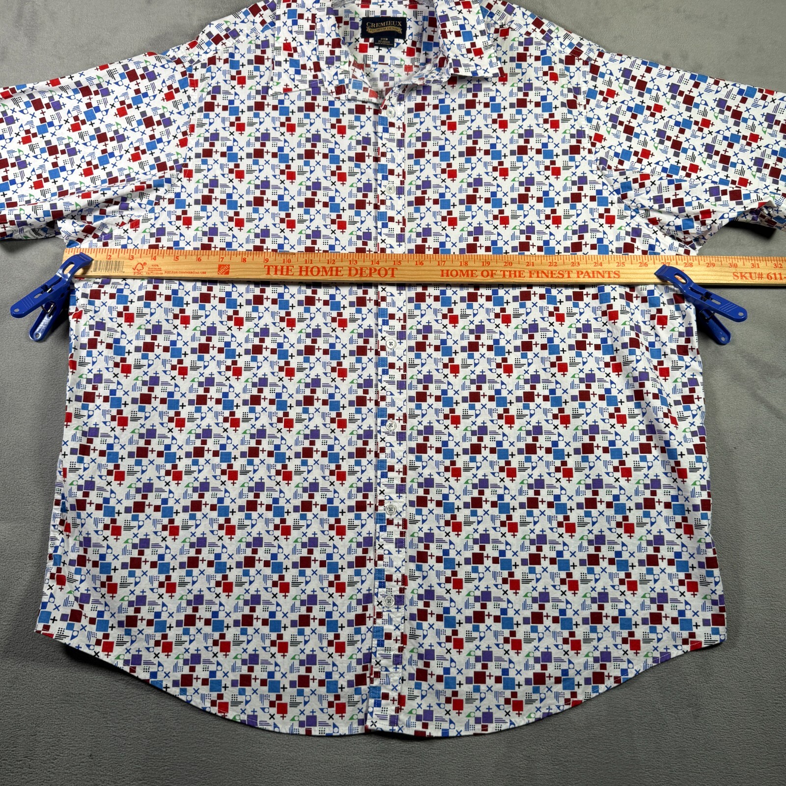 Cremieux Premium Denim Shirt Mens 2XB Geometric Print Stretch Short Sleeve NWOT