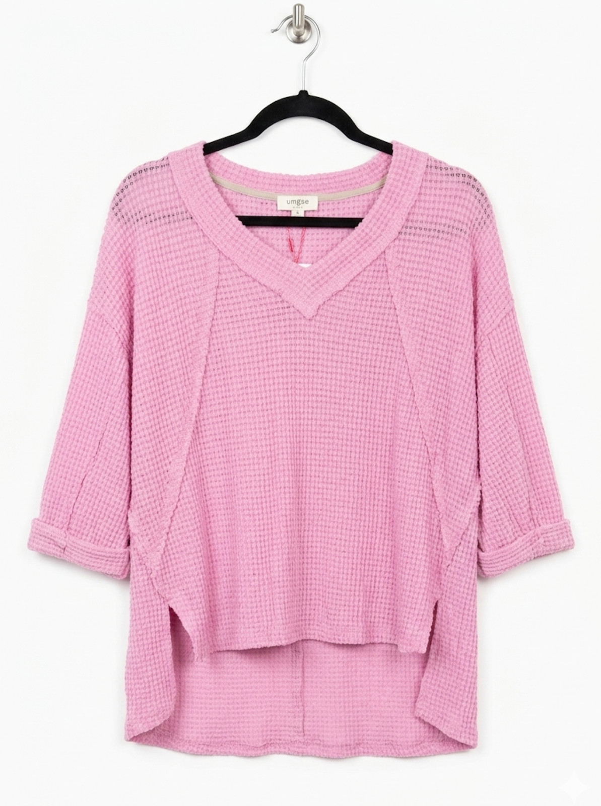 Umgee Pink Waffle Knit V-Neck High-Low Top – Size Small