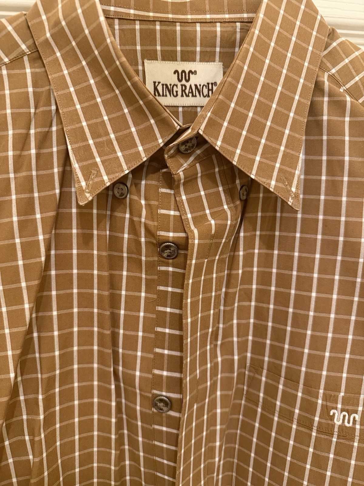 King Ranch Men’s Brown/White Plaid Long Sleeve Woven Button-Up Embroidered Logo
