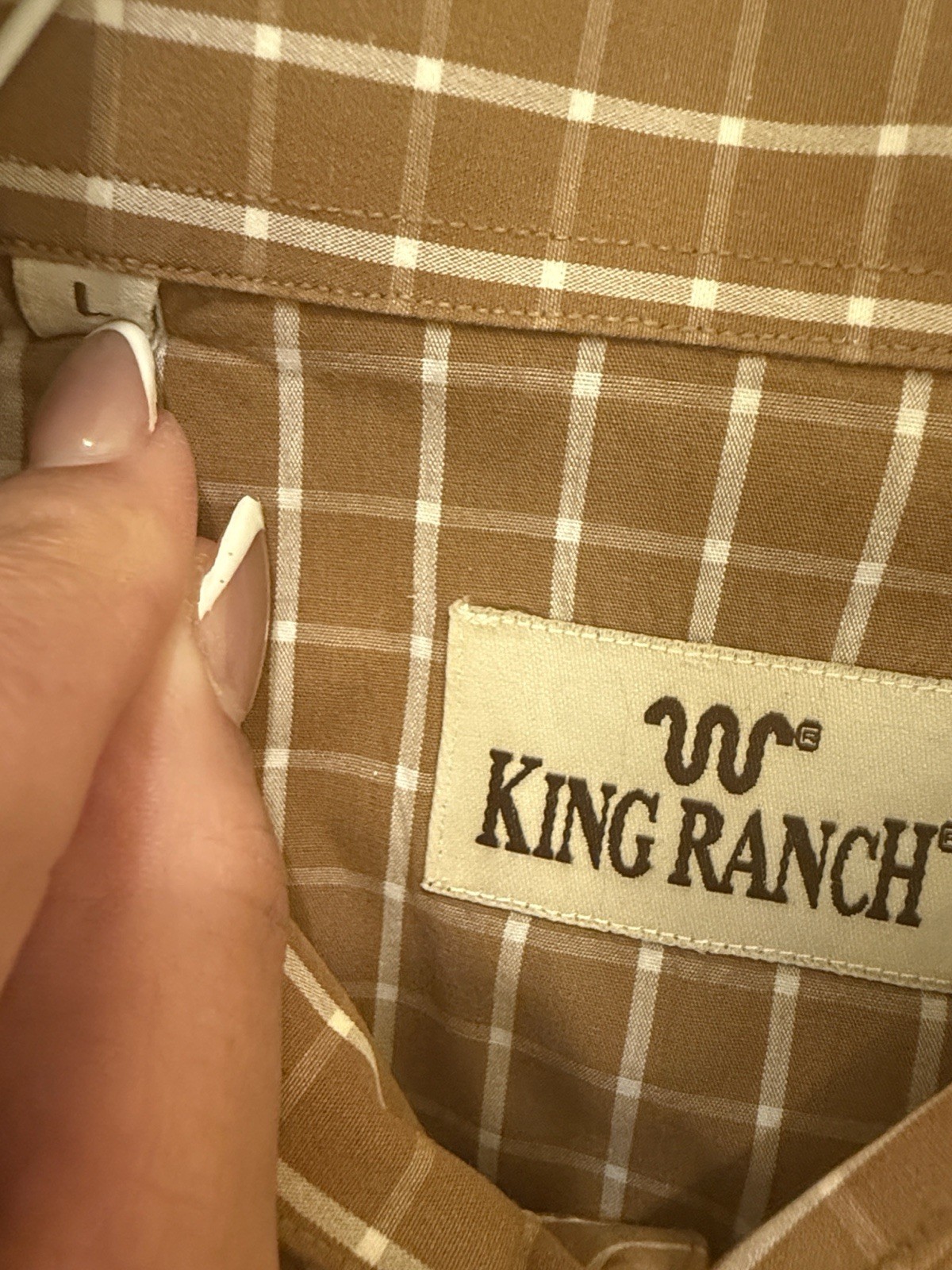 King Ranch Men’s Brown/White Plaid Long Sleeve Woven Button-Up Embroidered Logo