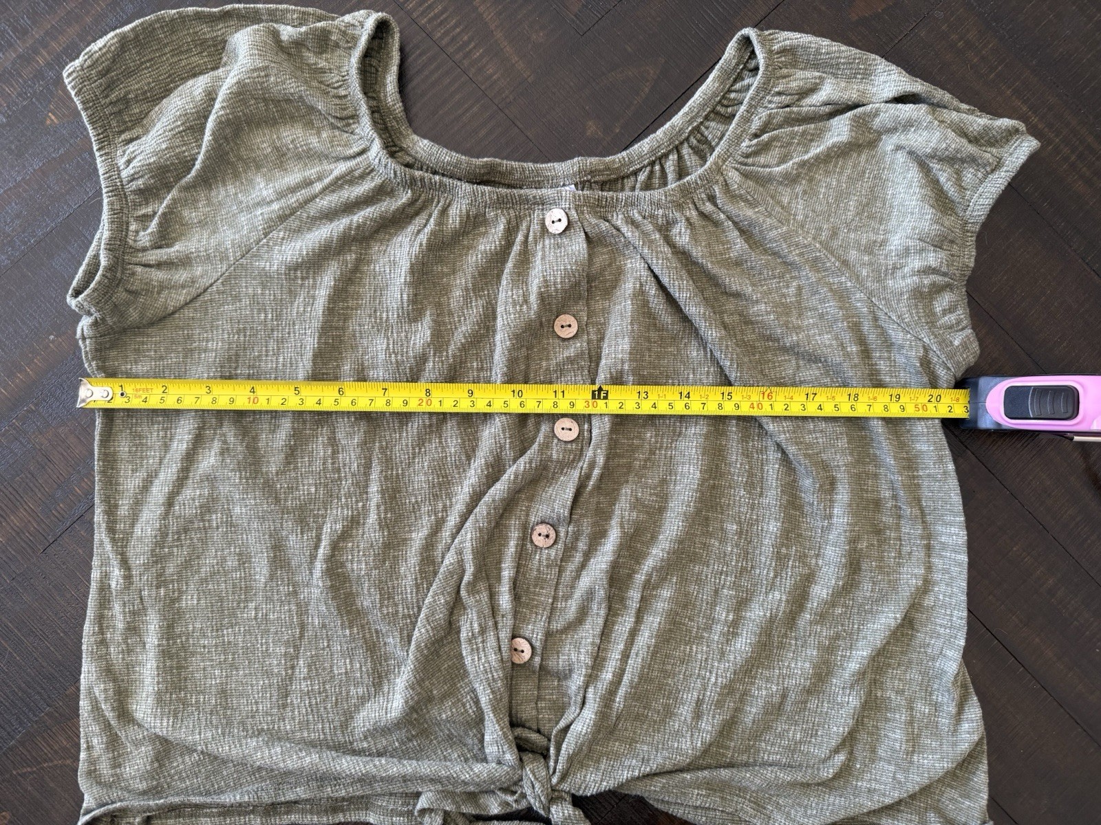 NO BO XXL/2XG (19) Green Solid Blouse Short Sleeve Scoop Neck Button Tie
