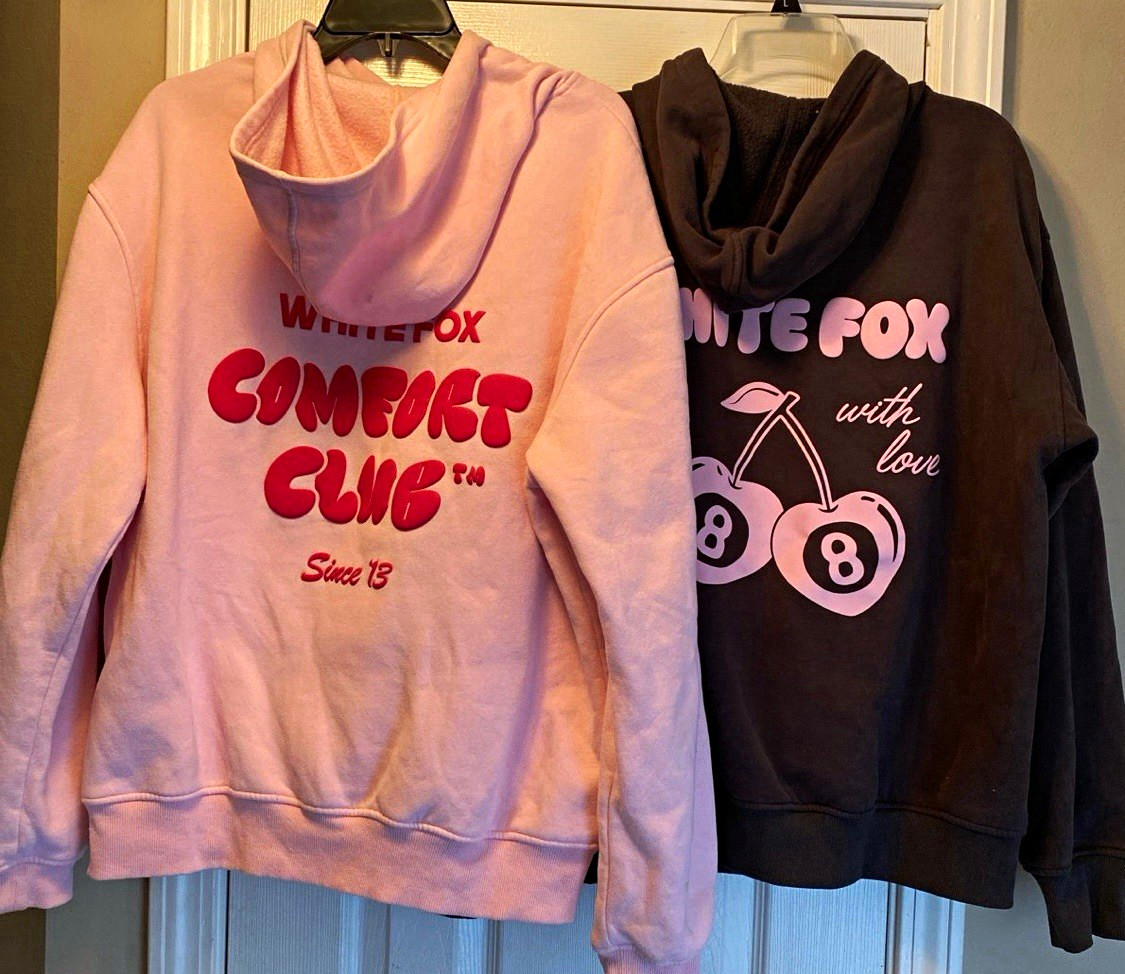 2 White Fox Pullover Hoodies Women’s M/L Pink/Black Fleece Logo Graphics