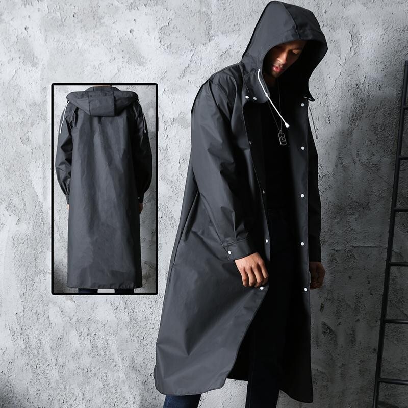Men Black Waterproof Long Raincoat Hooded Trench Jacket Outdoor Hiking Rain Coat