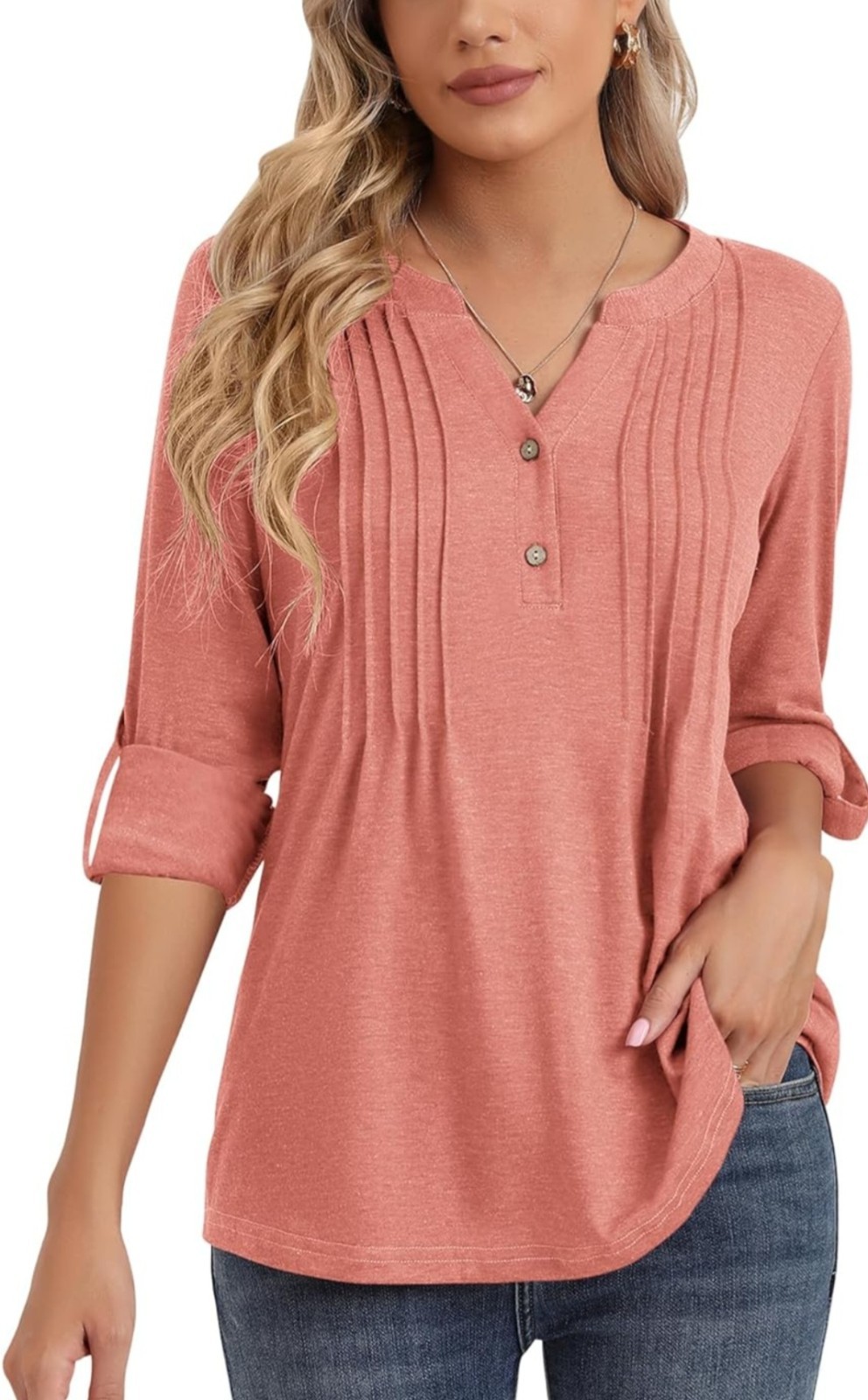 3/4 Sleeve V-neck Henley Loose Women’s Top Blouse Pink Large New