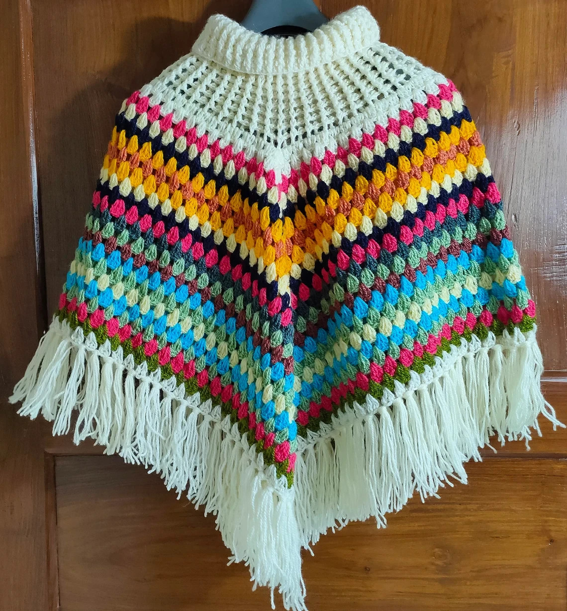 Handmade Alpaca Boho Poncho Autumn Colors Vintage Style Warm Cozy Cape Wrap