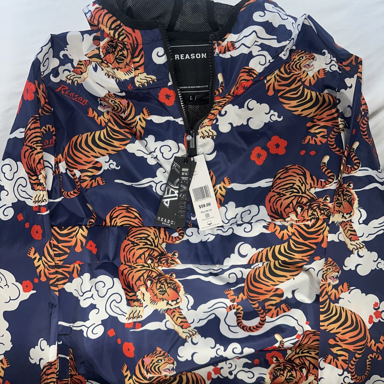 NWT Size Large Reason Brand Anorak Hooded Windbreaker Jacket Tiger Balm Pullover