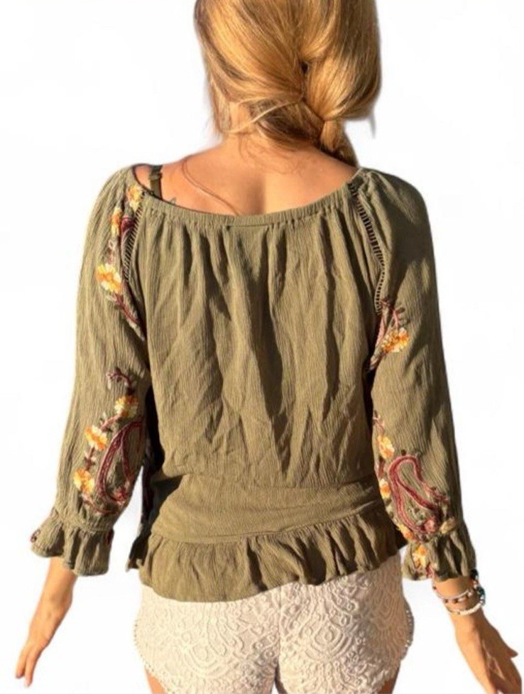 OD Forest Green embroidered Boho Peasant peplum ruffle blouse small