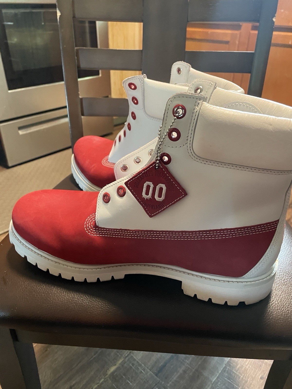 Custom made Timberland Men’s US 12 Work Boots Leather Colorblock Red/White Ankle