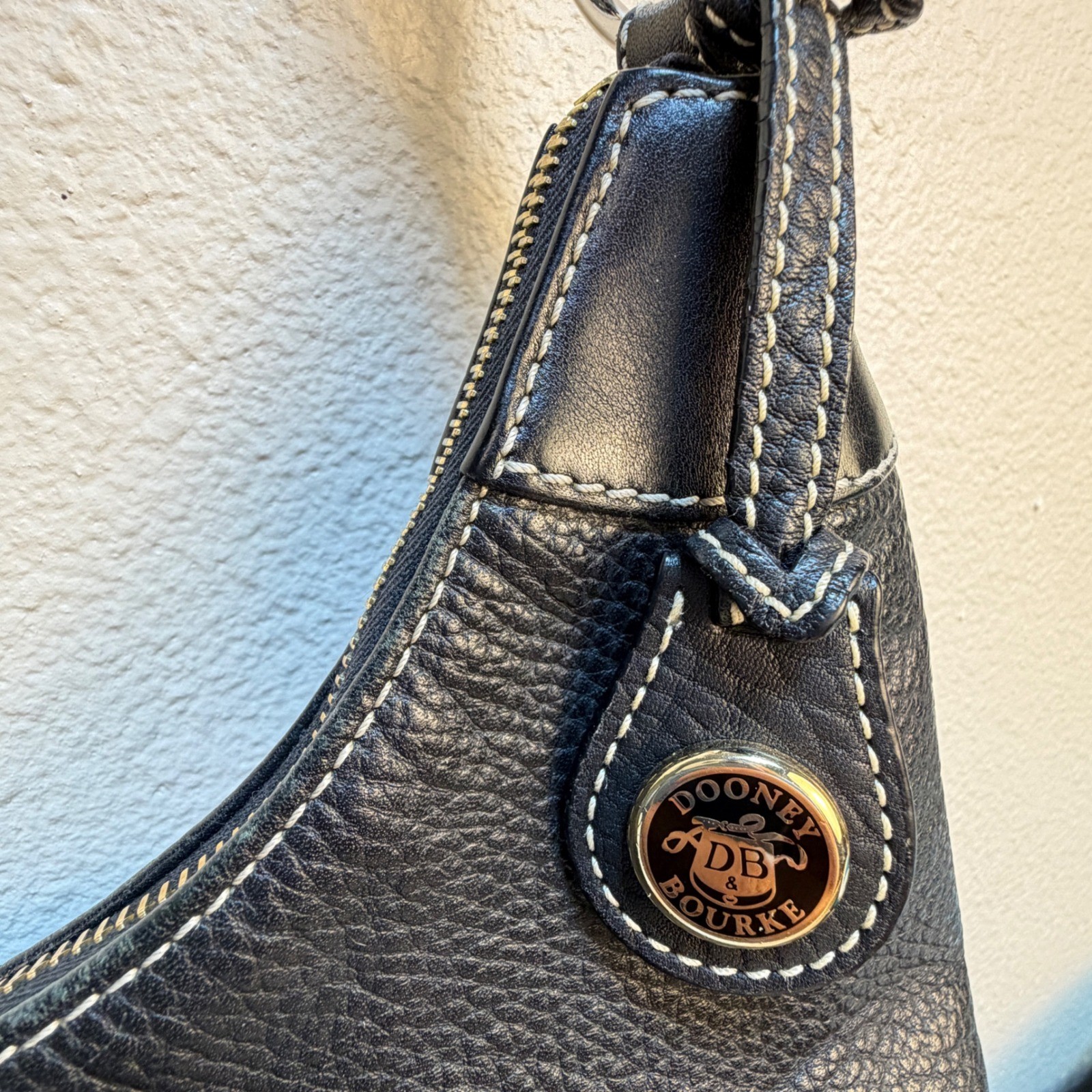 Dooney & Bourke Black All Weather Leather Hobo Shoulder Bag Contrast Stitching