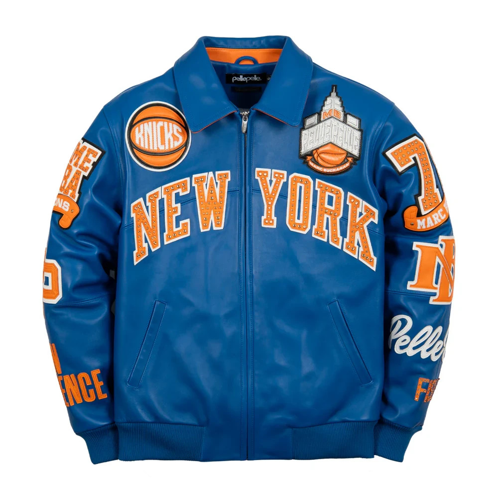 Pe lle Pe lle x Fisll New York K nicks Cowhide Leather Varsity Jacket Basketball