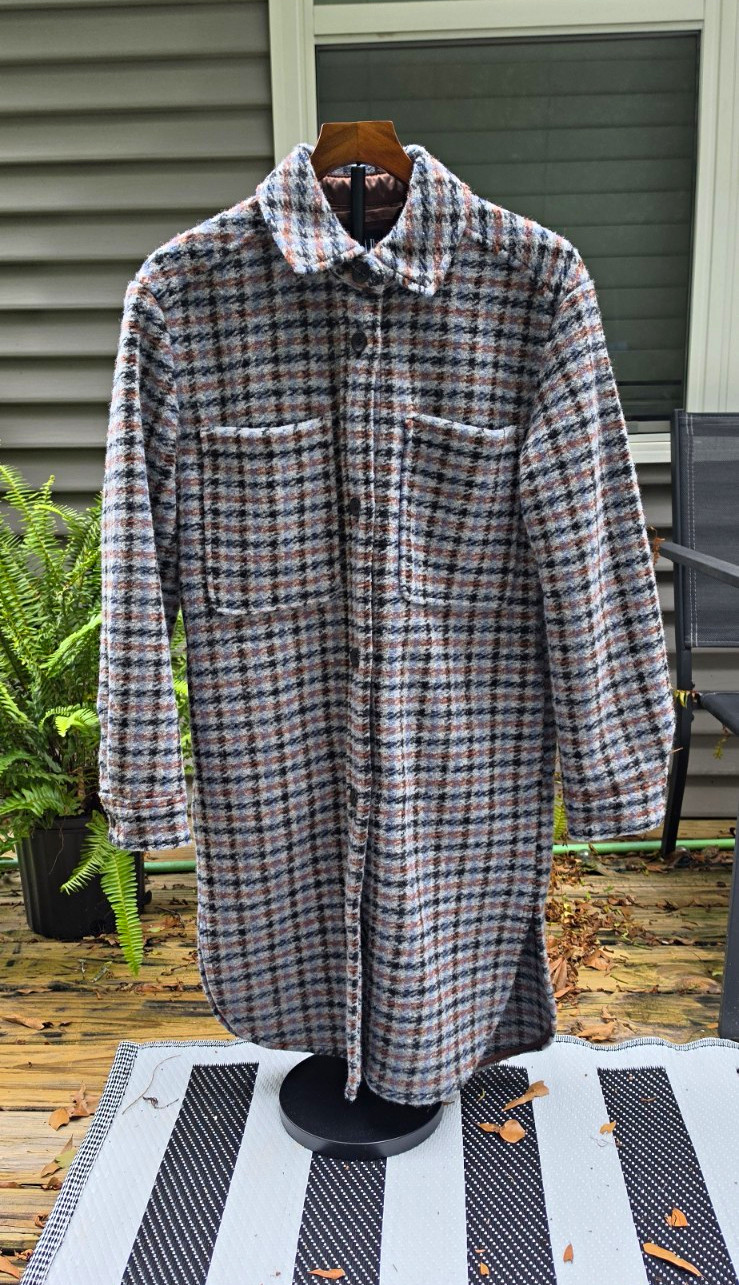 GAP Women’s Plaid Wool Blend Long Shacket Coat Gray Blue Brown Size Small