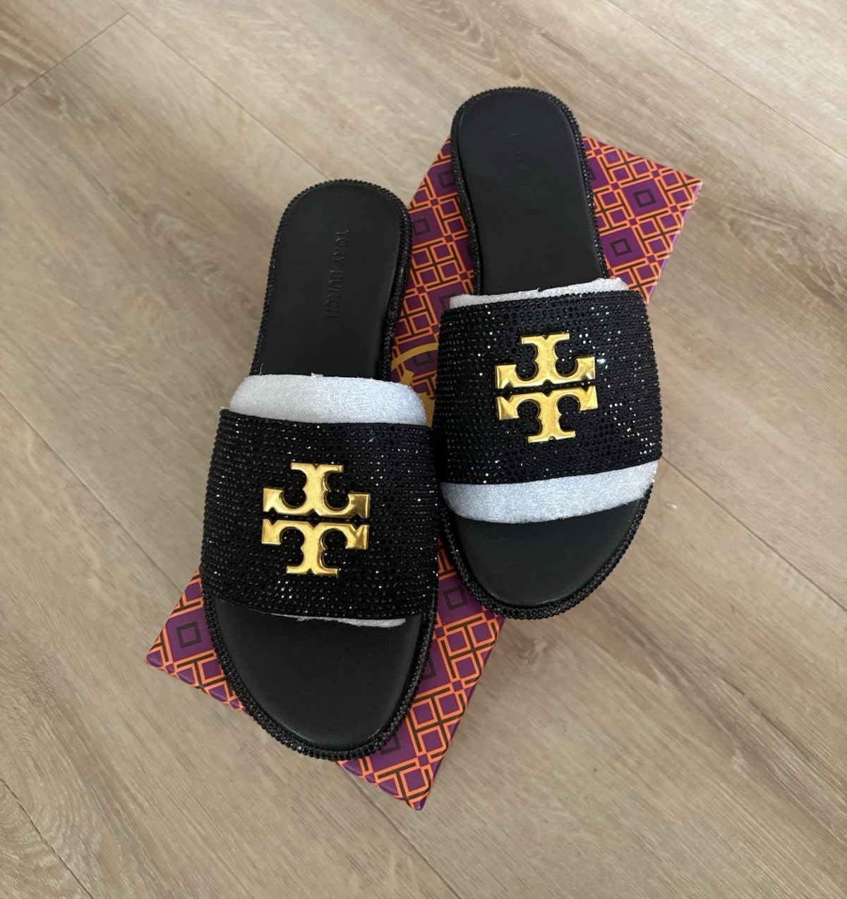Tory Burch Women’s Leather Slide Sandals Black w/ Gold Logo, US 7