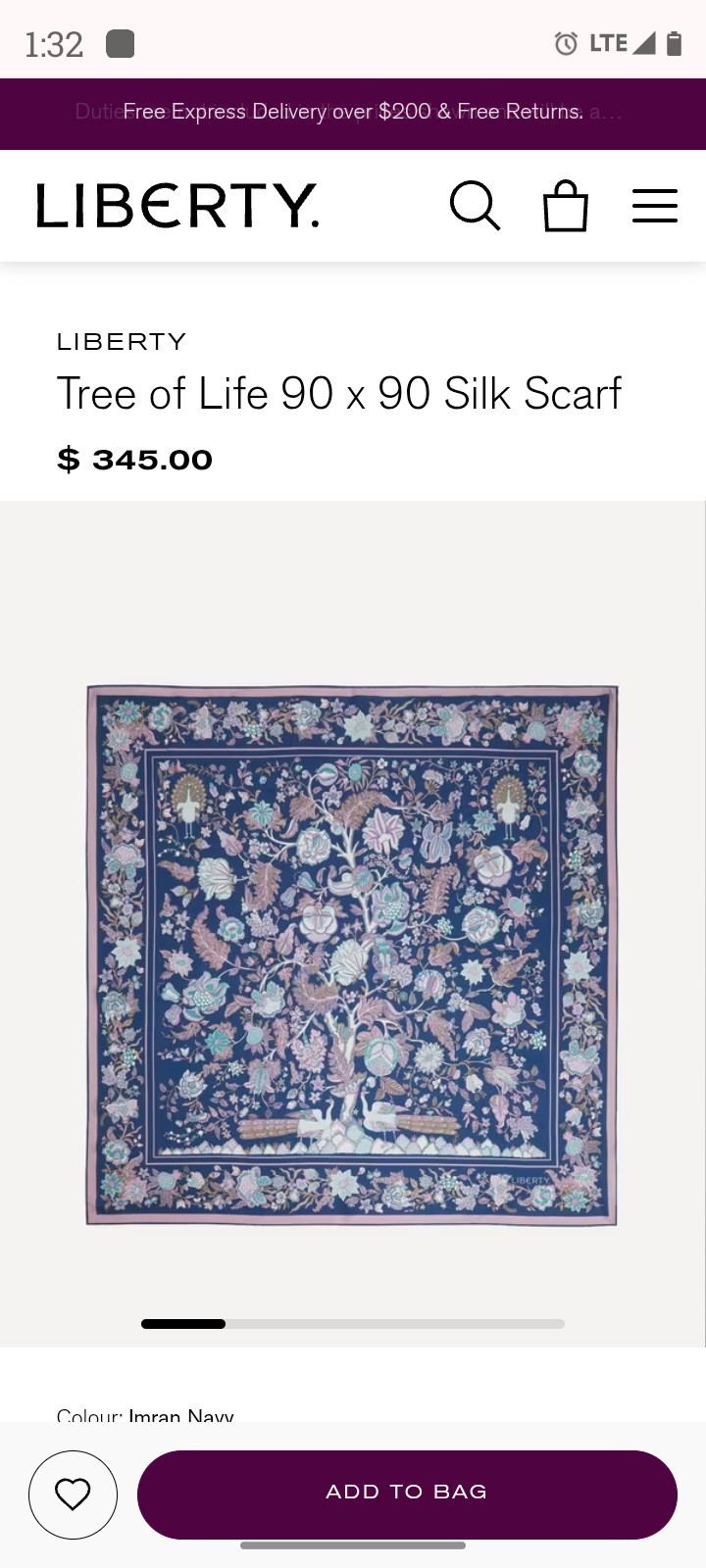 Liberty Of London 100% Silk Tree Of Life Scarf-Made In Italy- 35″ Square