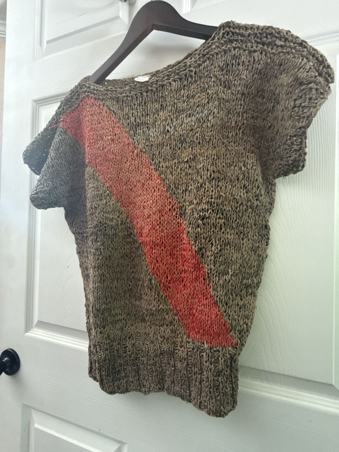 Vintage Woven Lambs Leather Short Sleeve Top Brown and Red