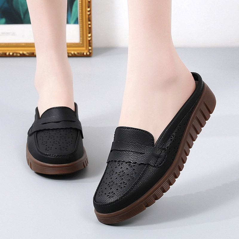 Mom Shoes Wear Beef Summer Hollowed Genuine Leather Box Slippers Women’s Outer