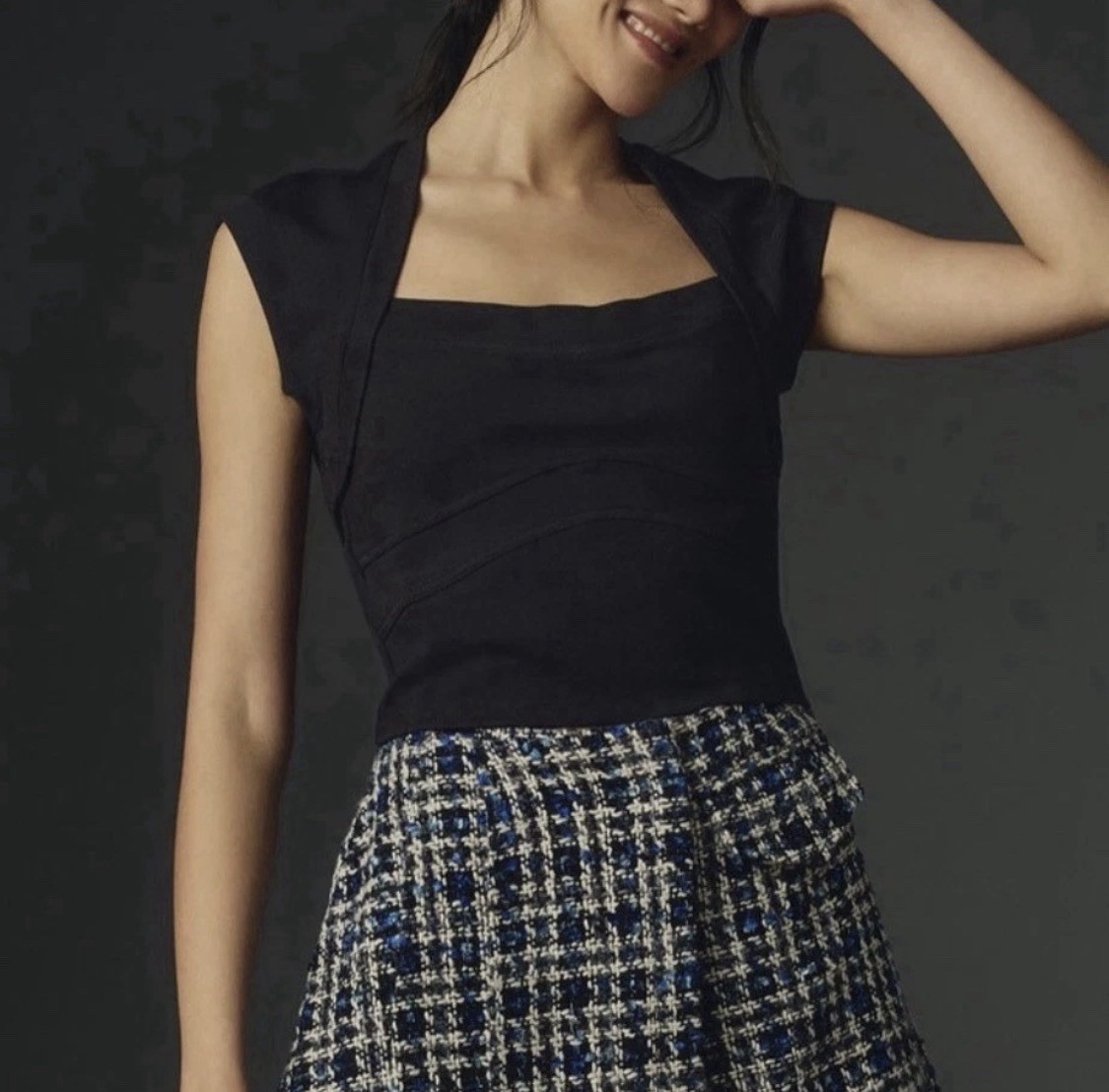 Anthropologie Maeve Cap- Sleeve Structured Cropped Top Black Sz XL