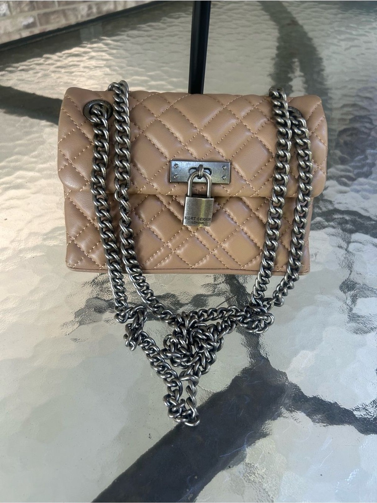 Kurt Geiger Lambskin Quilted Leather Mini Brixton Shoulder Bag with Chain Beige
