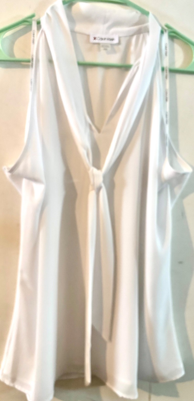 Calvin Klein Womens Top Large White Blouse Halter Tie Neck V Neck Sheer NWOT