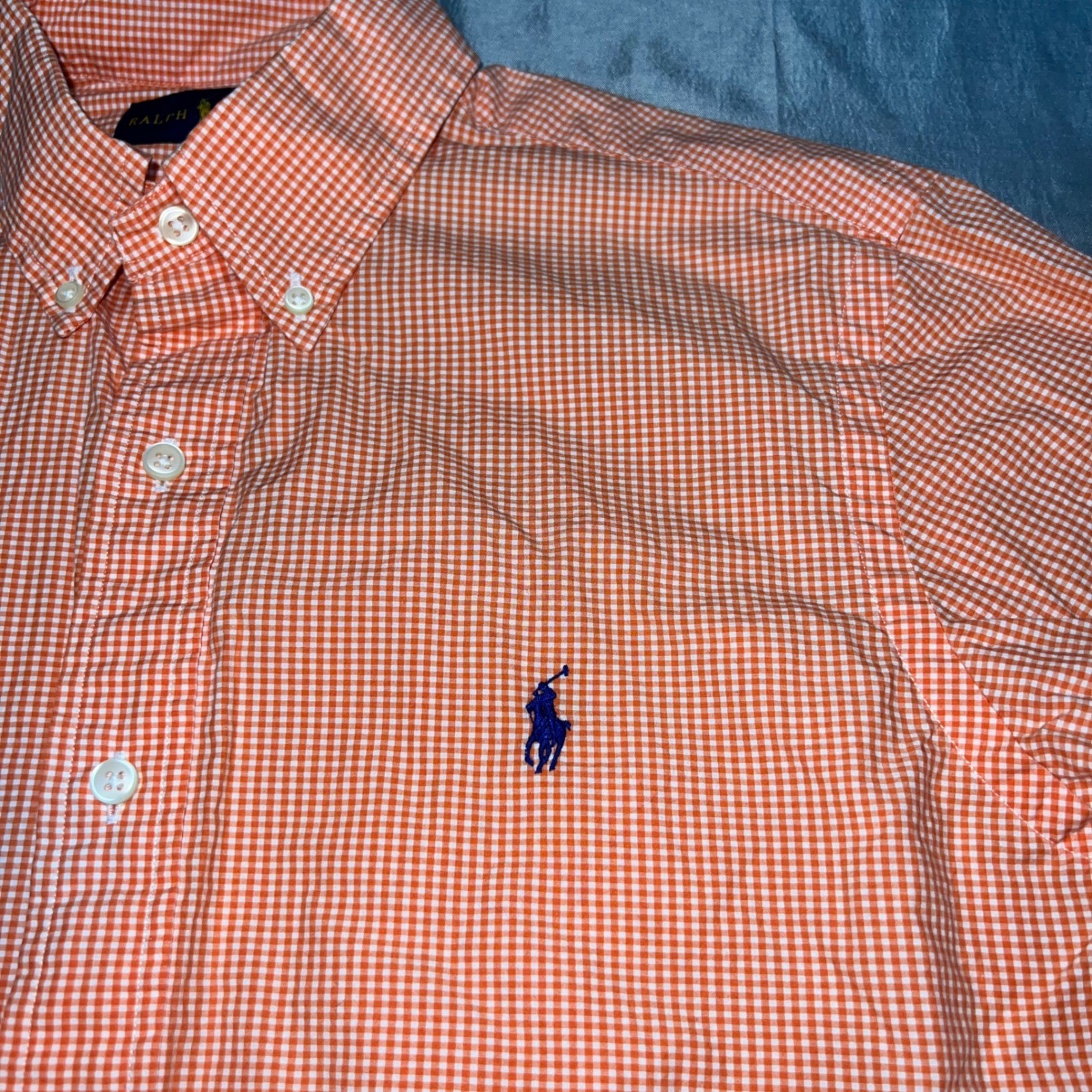 Ralph Lauren Mens Gingham Button Down Shirt Orange White Cotton Small RN41381