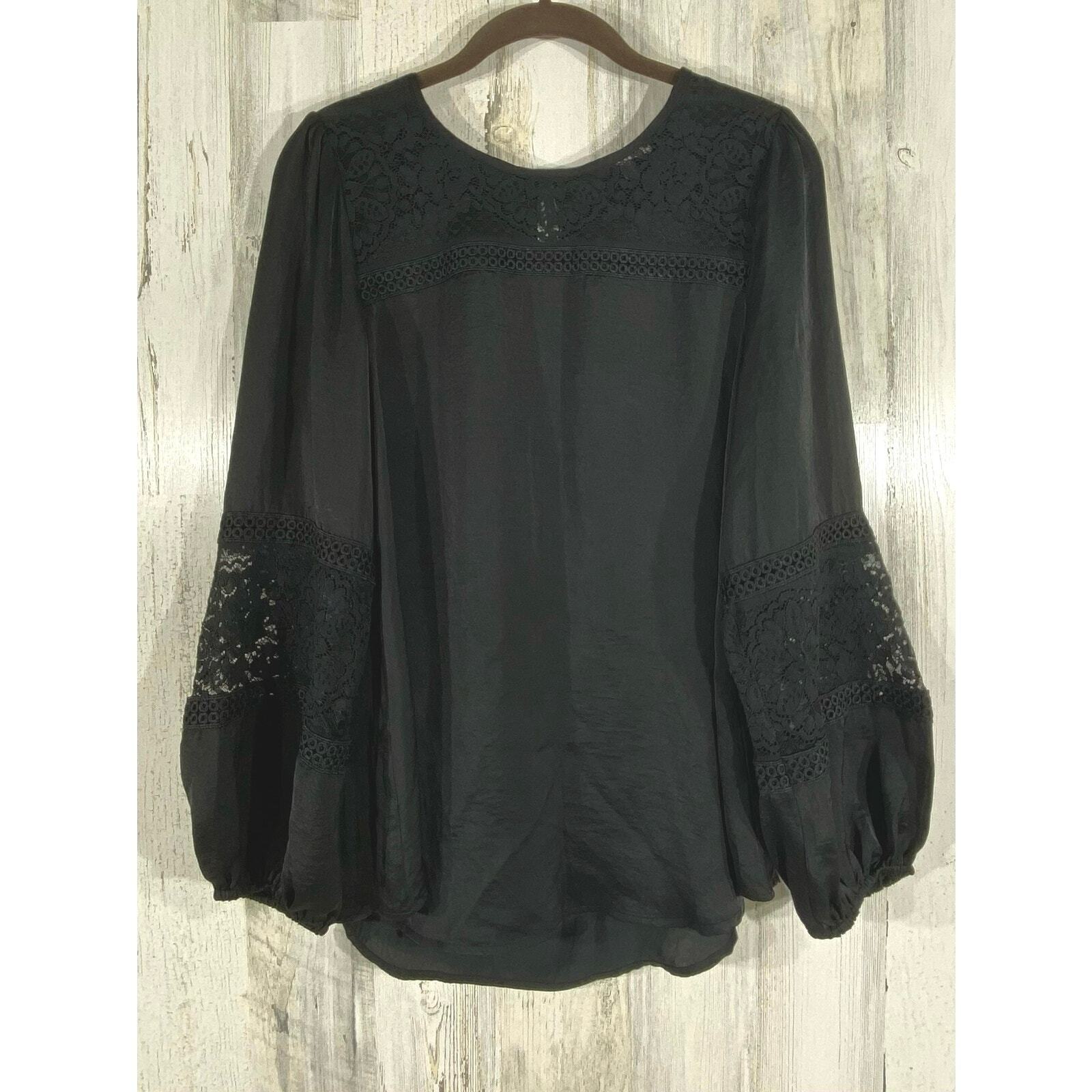Jodifl Womens Blouse Size Small Black Boho Lace Balloon Sleeve Keyhole Peasant