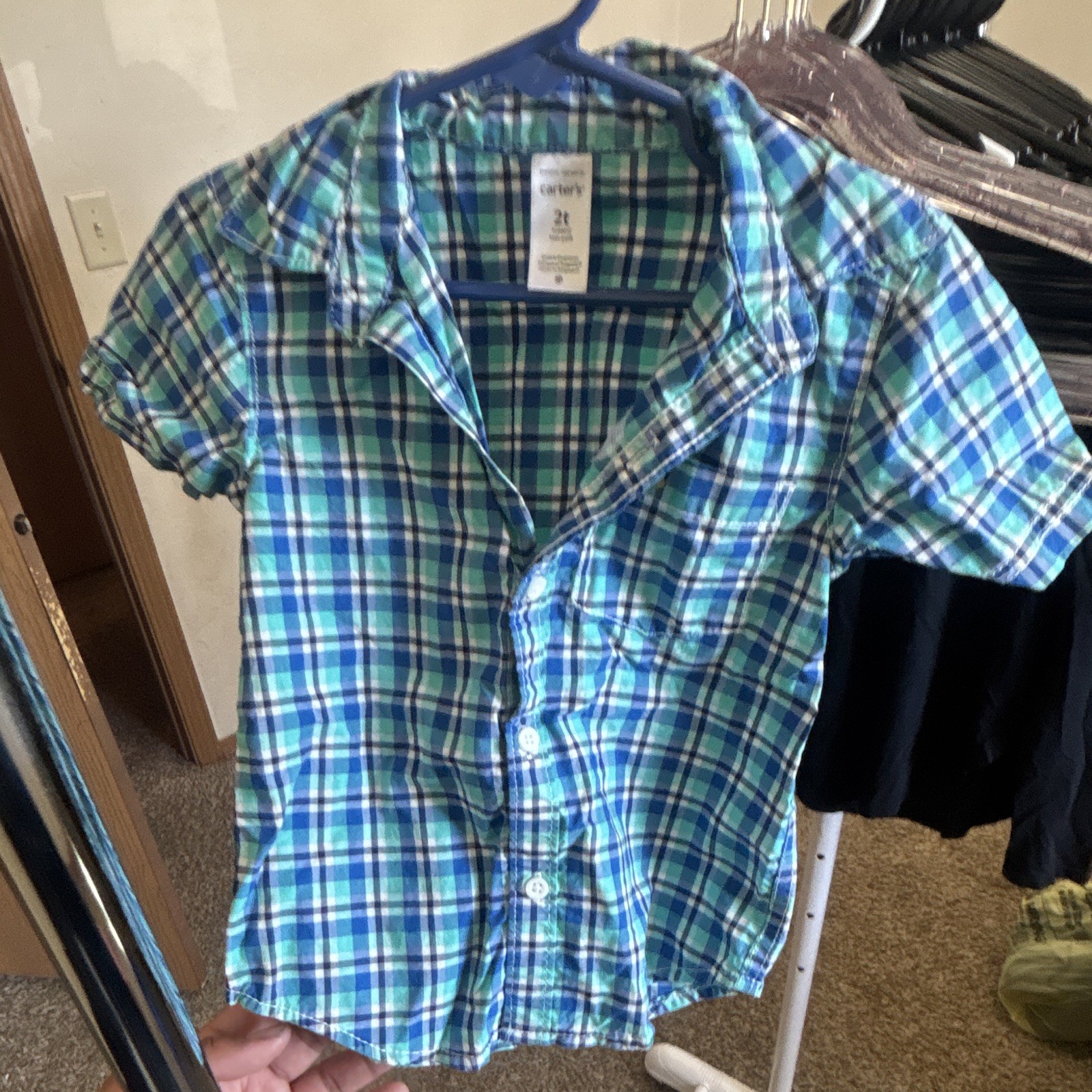 Carter’s Boys 2T Plaid Blue/Green/White Short Sleeve Cotton Button-Up Shirt