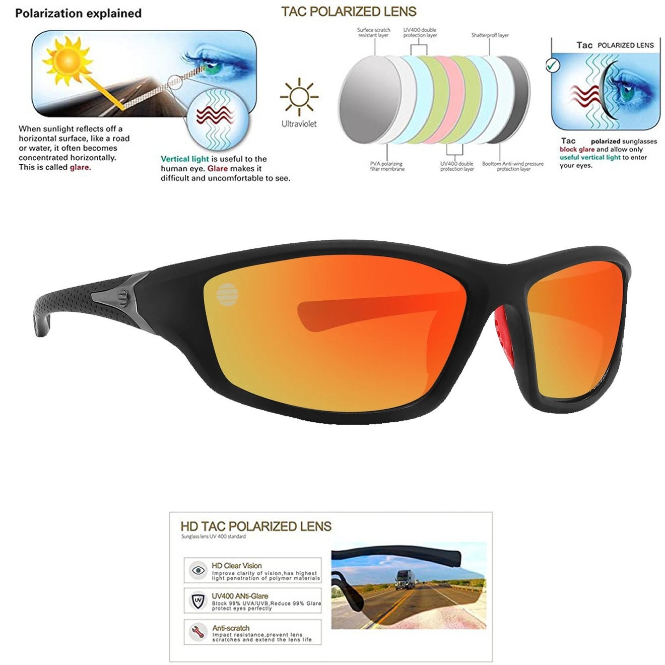 Polarized Lens Sports Sunglasses w/Premium Soft Touch Finish USA Fast Shipping