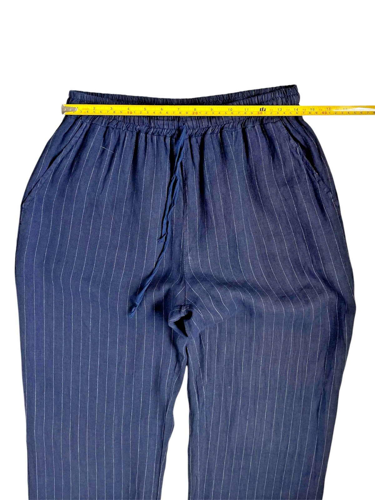 Sorbet Italy 100% Linen Pants L XL Blue Pinstripe Wide Leg Elastic Waist