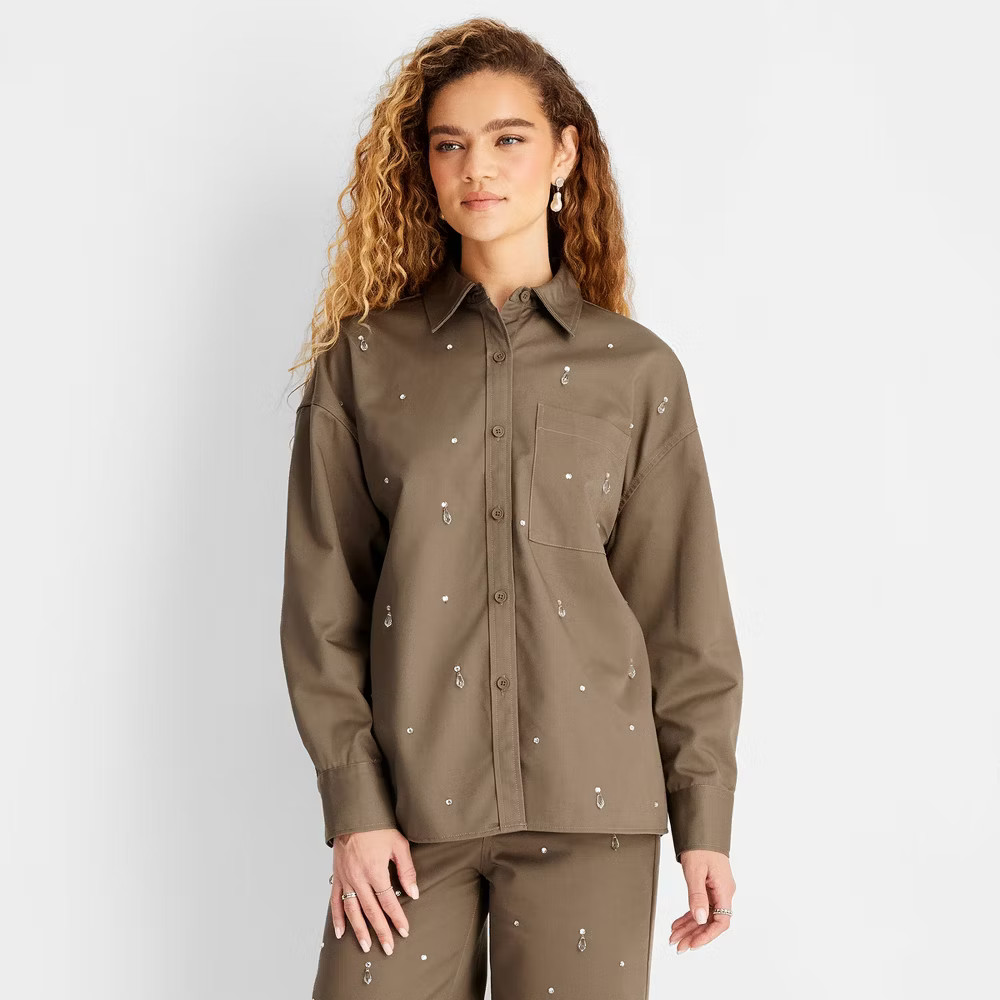 Women Holiday Embellished Twill Shacket – Future Collective Olive Green L