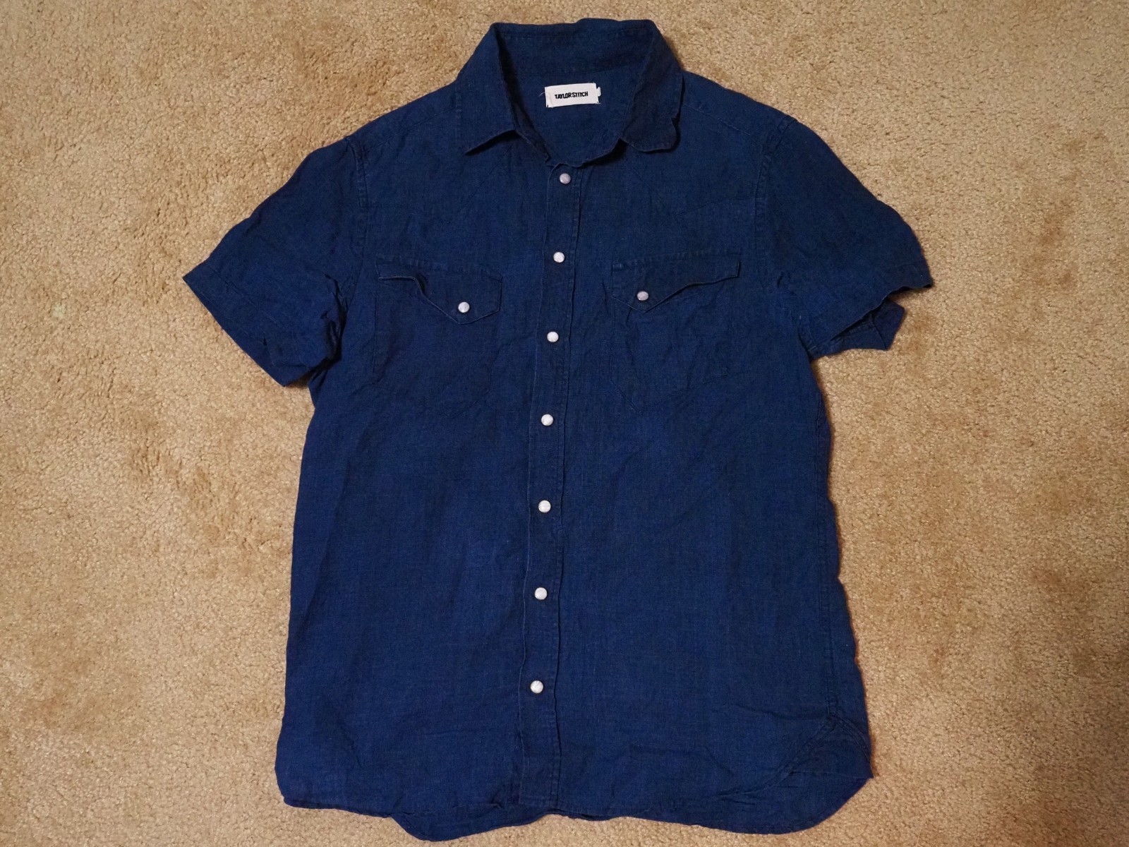 Taylor Stitch Short Sleeve Western Shirt Indigo Linen Mens Size 38 Small