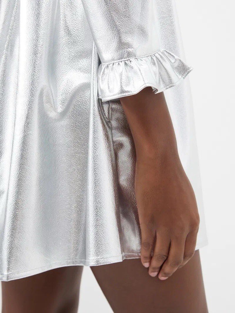 BATSHEVA Silver PVC Prairie Square Neck Ruffle Cocktail Party Mini Dress New 6