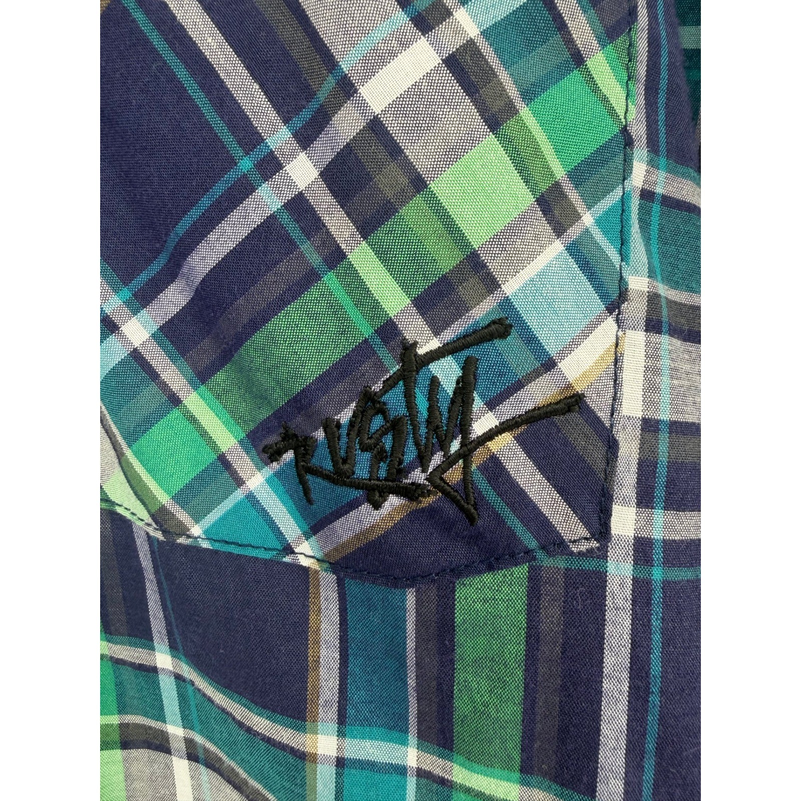 Rusty Mens XXL Short Sleeve Plaid Button Down Shirt Green Blue Surf J11104701