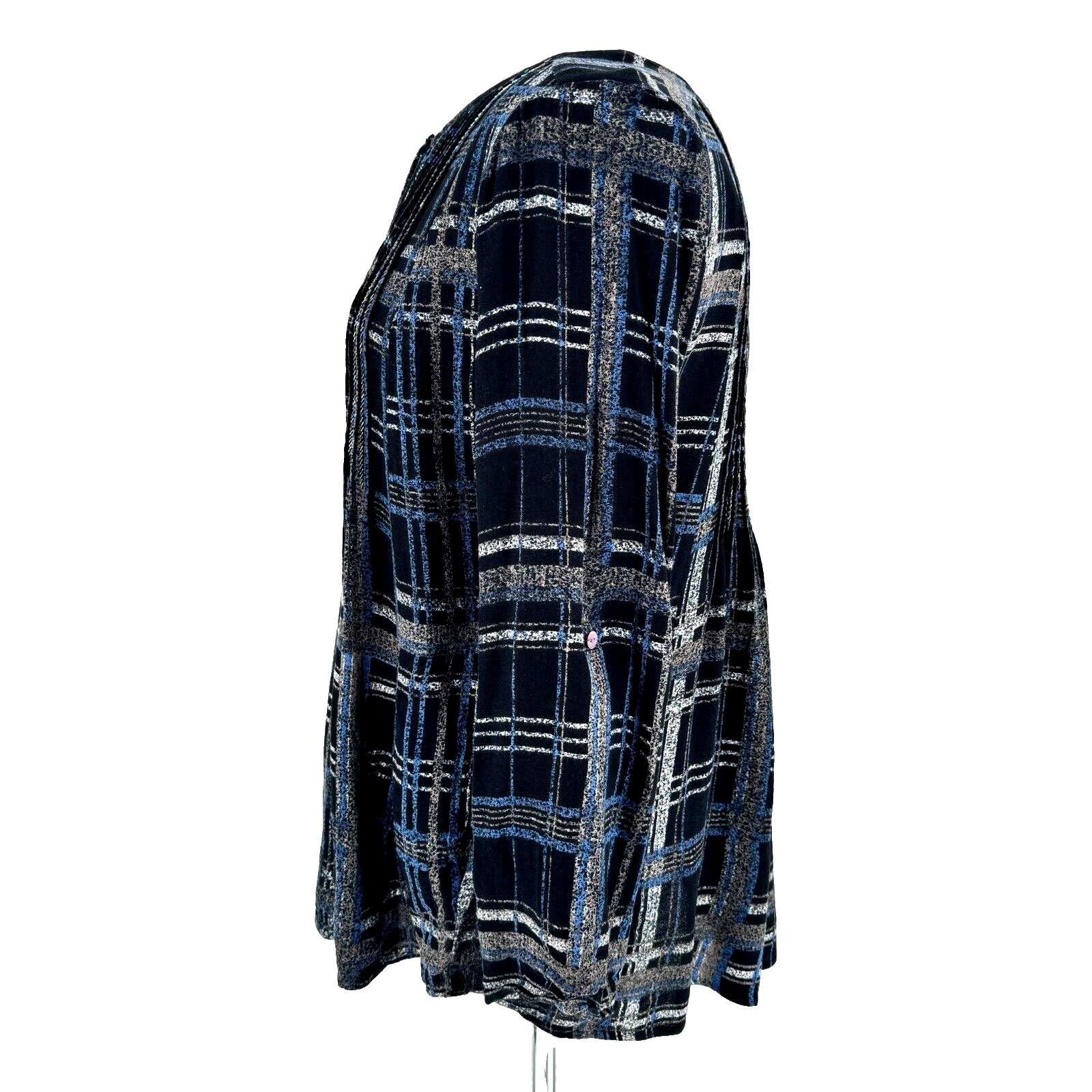 Soft Surroundings Tunic Button Front Medium Blue Plaid Stretch Beads Pleated