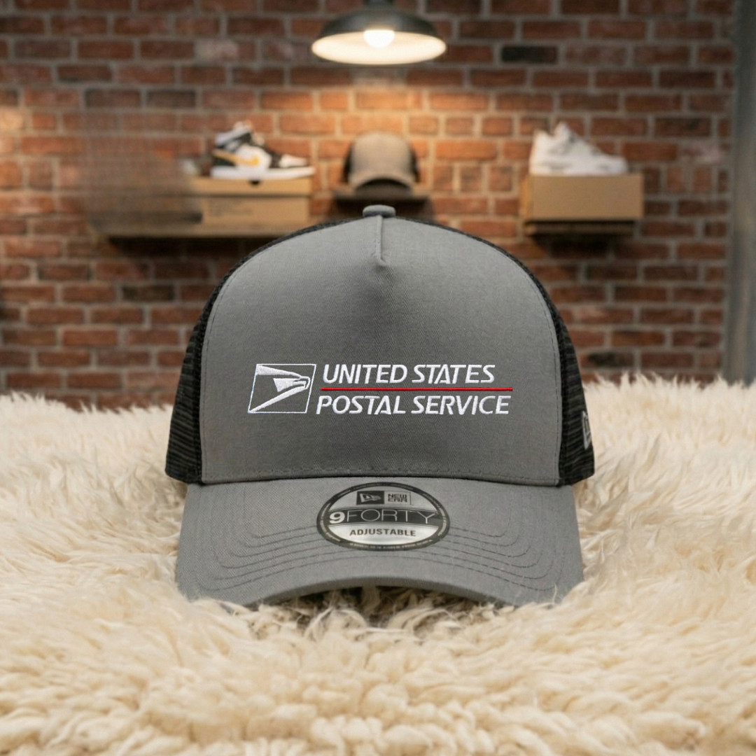Embroidered USPS Logo Trucker Hat Gray Mesh Back Adjustable Postal Service Cap