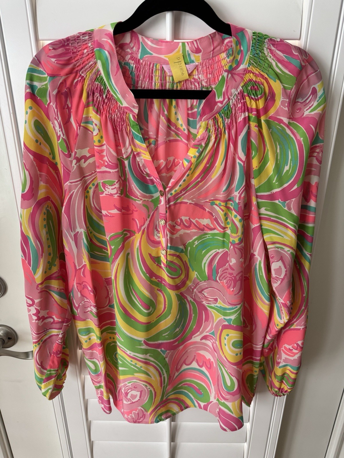 Lilly Pulitzer Women Blouse Elsa NWOT Top XL Swirl Floral Silk LgSl Smocked VNck