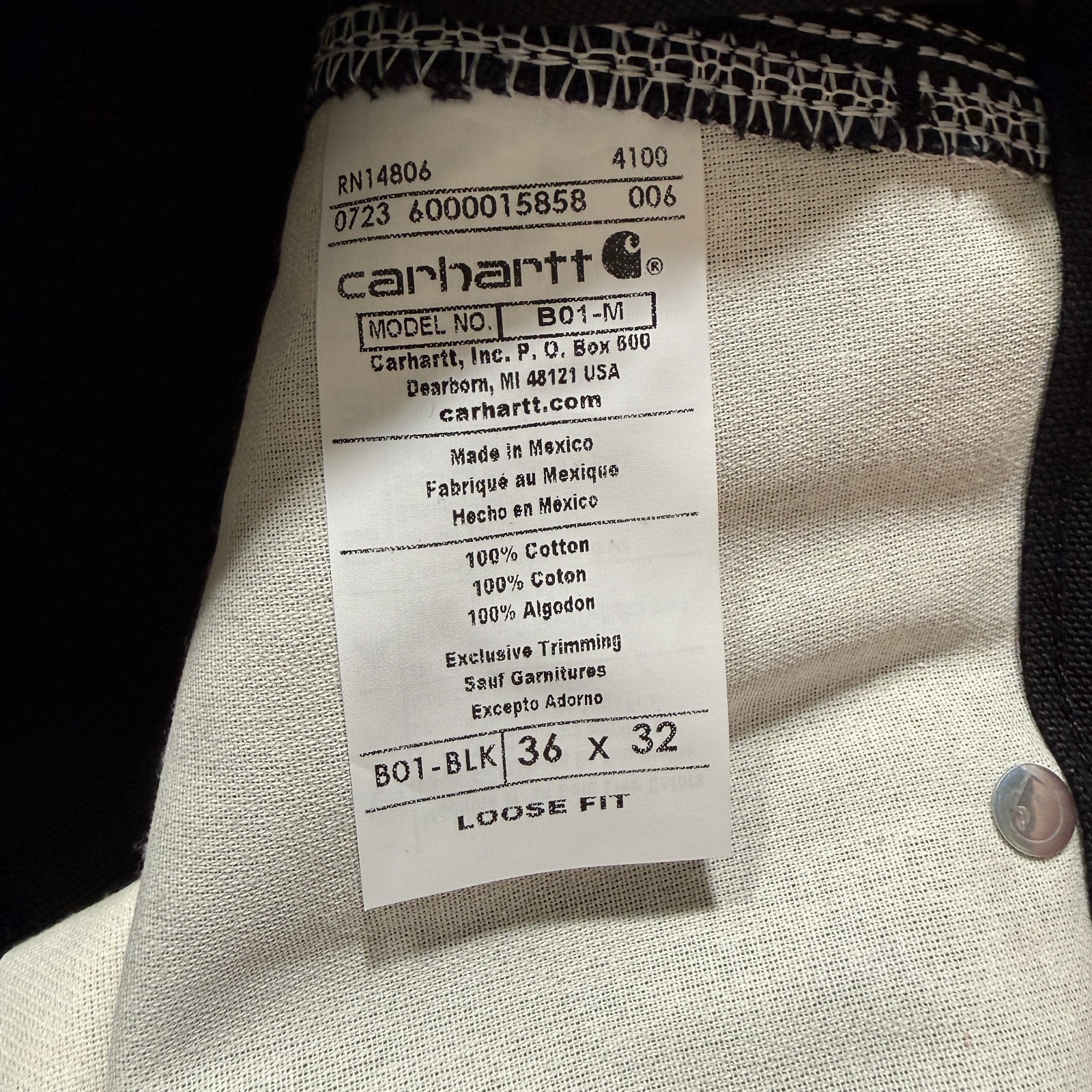 Carhartt B01 Pants Mens 36×32 Black Loose Straight Firm Duck Double Knee Work