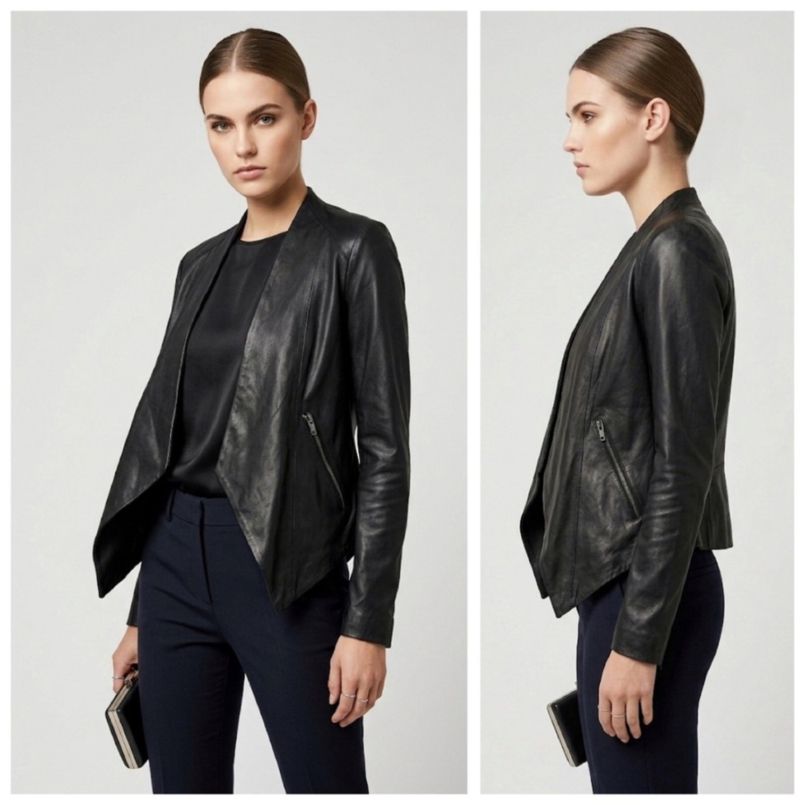 MY TRIBE Genuine Leather Waterfall Jacket, Draped Open Moto Zip Pockets sz. XS