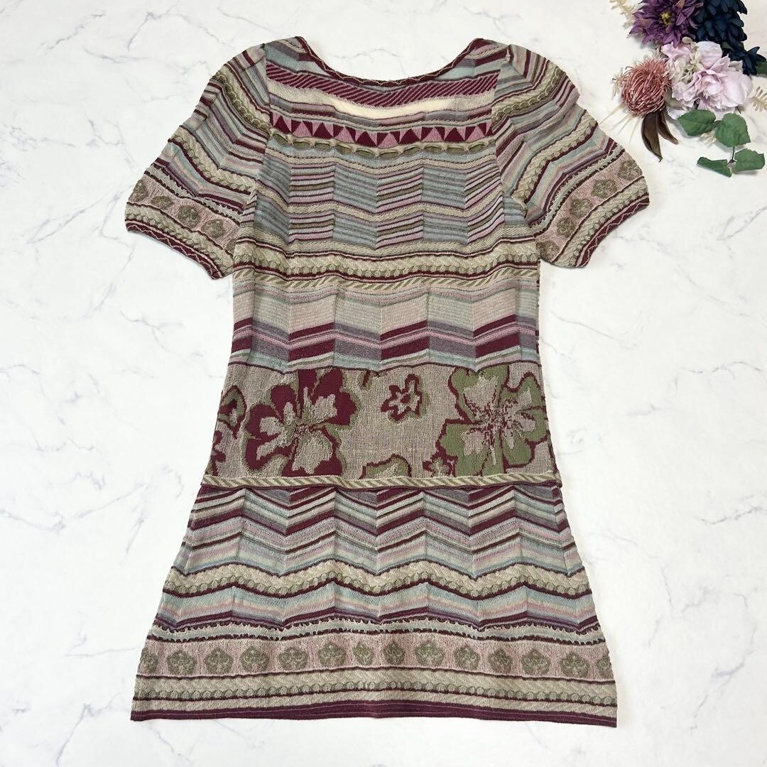 M.&KYOKO Multicolor Jacquard Knit Knee Dress Striped Floral Geometric Auth