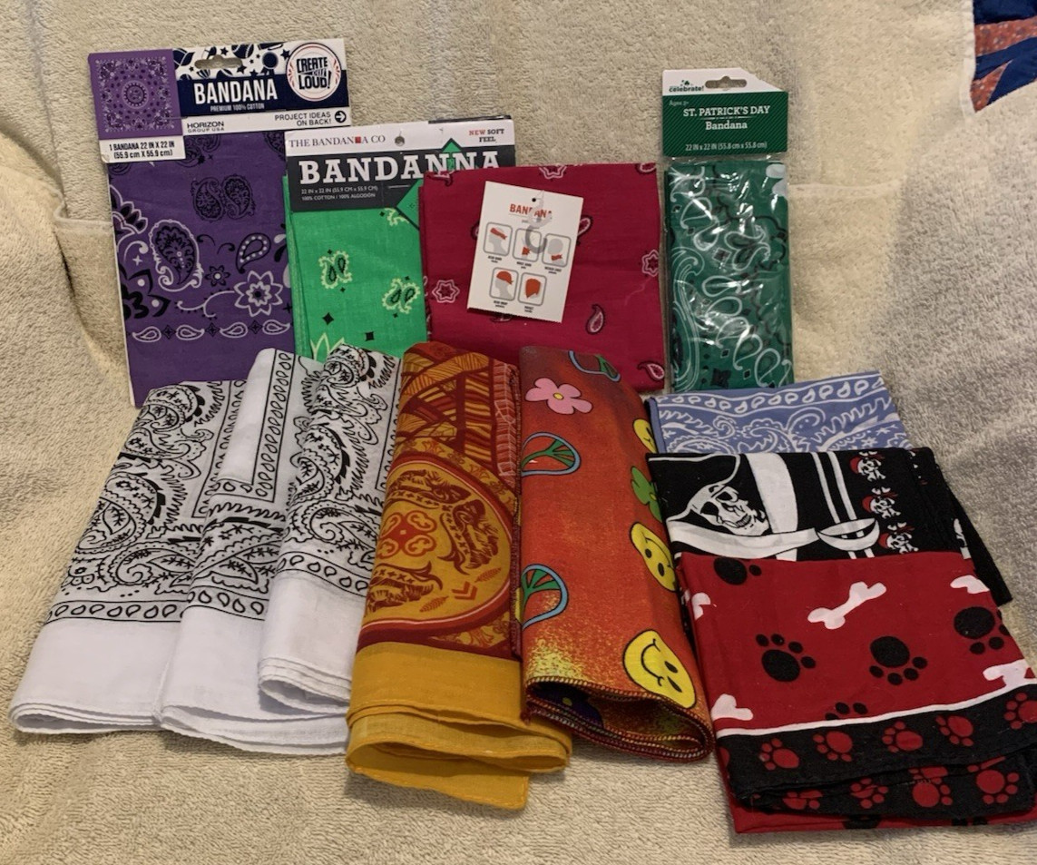 12 Pc Mixed Lot PAISLEY, SHAMROCK, DOG, SKULLS, SMILEY FACE Bandanas – NEW