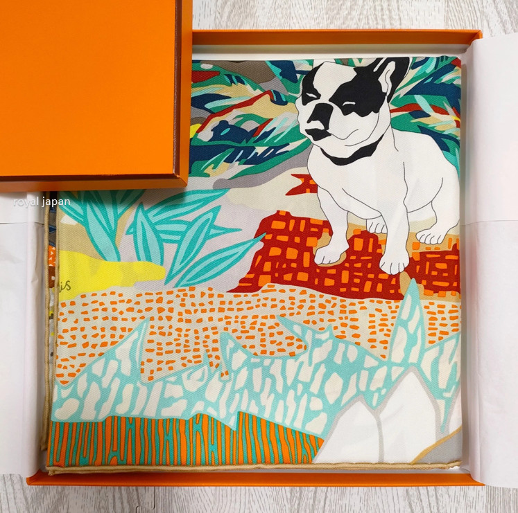 Unused w/box HERMES Carre 90 En Liberte ! Dog 35in Silk Scarf 90cm US duty free
