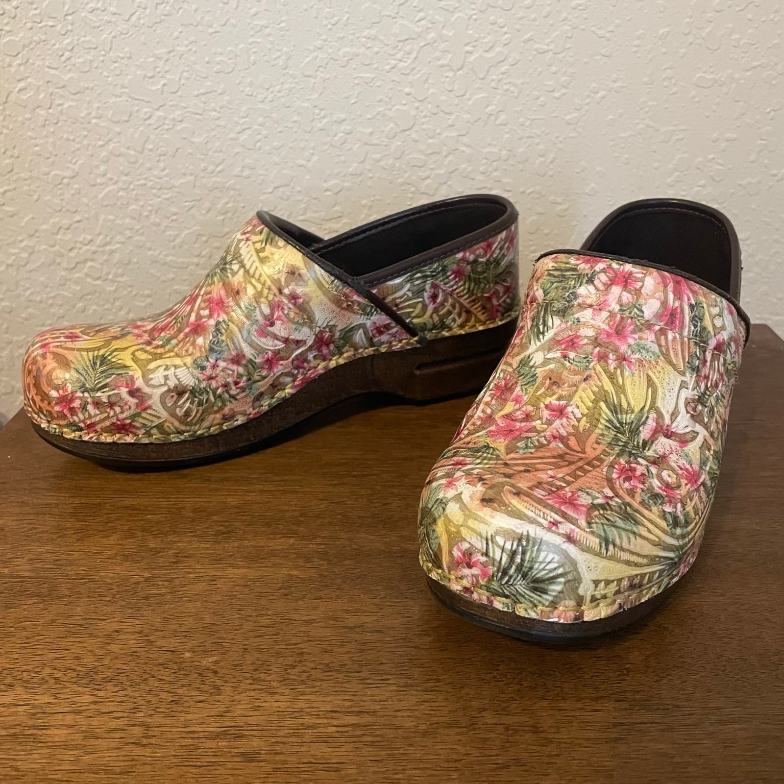Dansko tropical print clogs