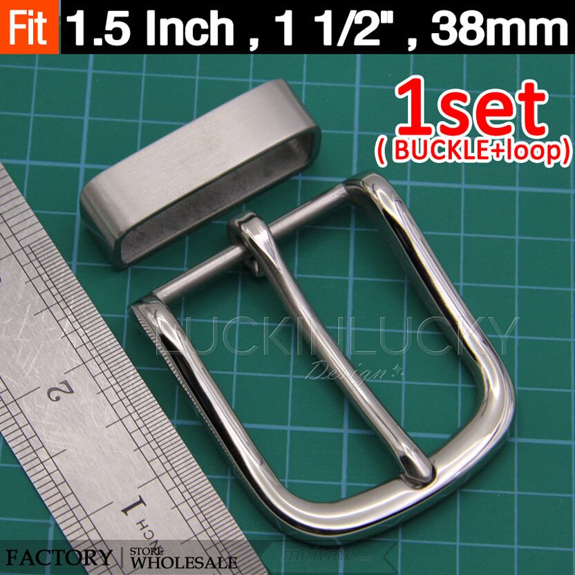 Stainless Steel belt buckle Set with belt loop keeper for 1.5” Leather – 1 Set