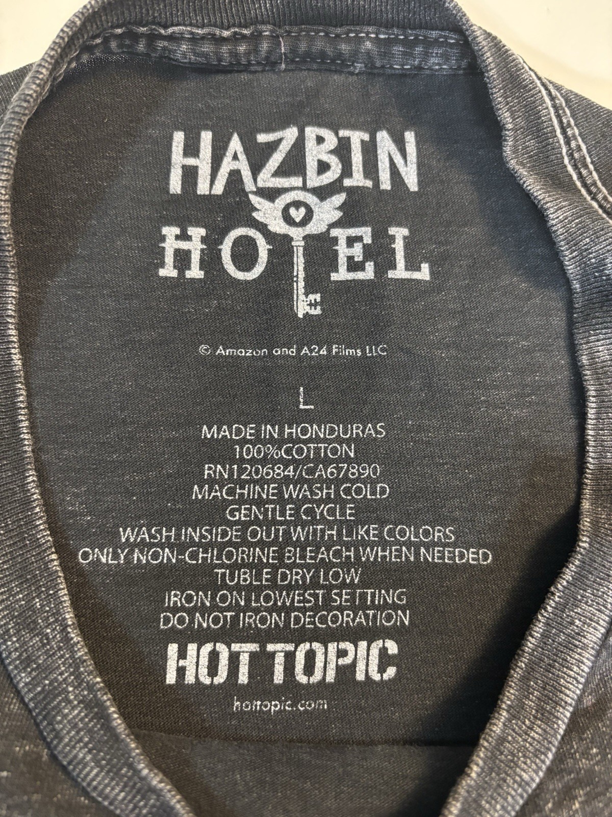 Large Hot Topic HazbinHotel Graphic Tee TShirt Adam Guitar Solo Mineral Wash
