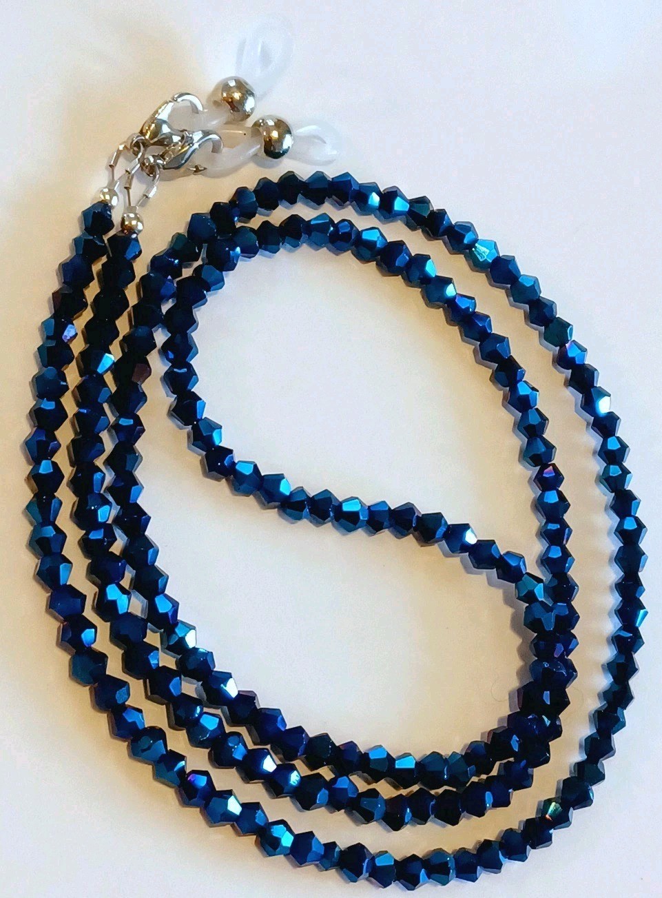 EYEGLASS CHAIN 27″ METALLIC BLUE Beaded Strap Reading Glasses iCandy w/ CLIPS