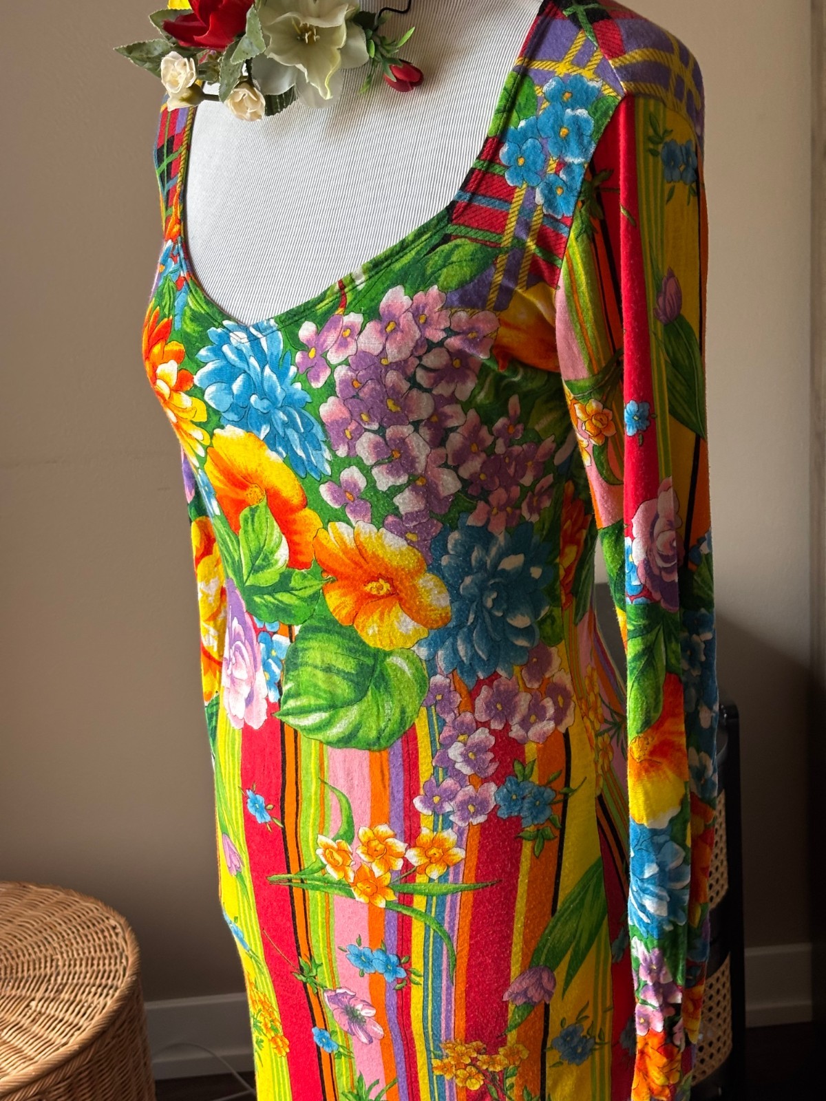 Versus Versace Floral Cotton Stretchy Dress Vintage 90′ Size 42 .