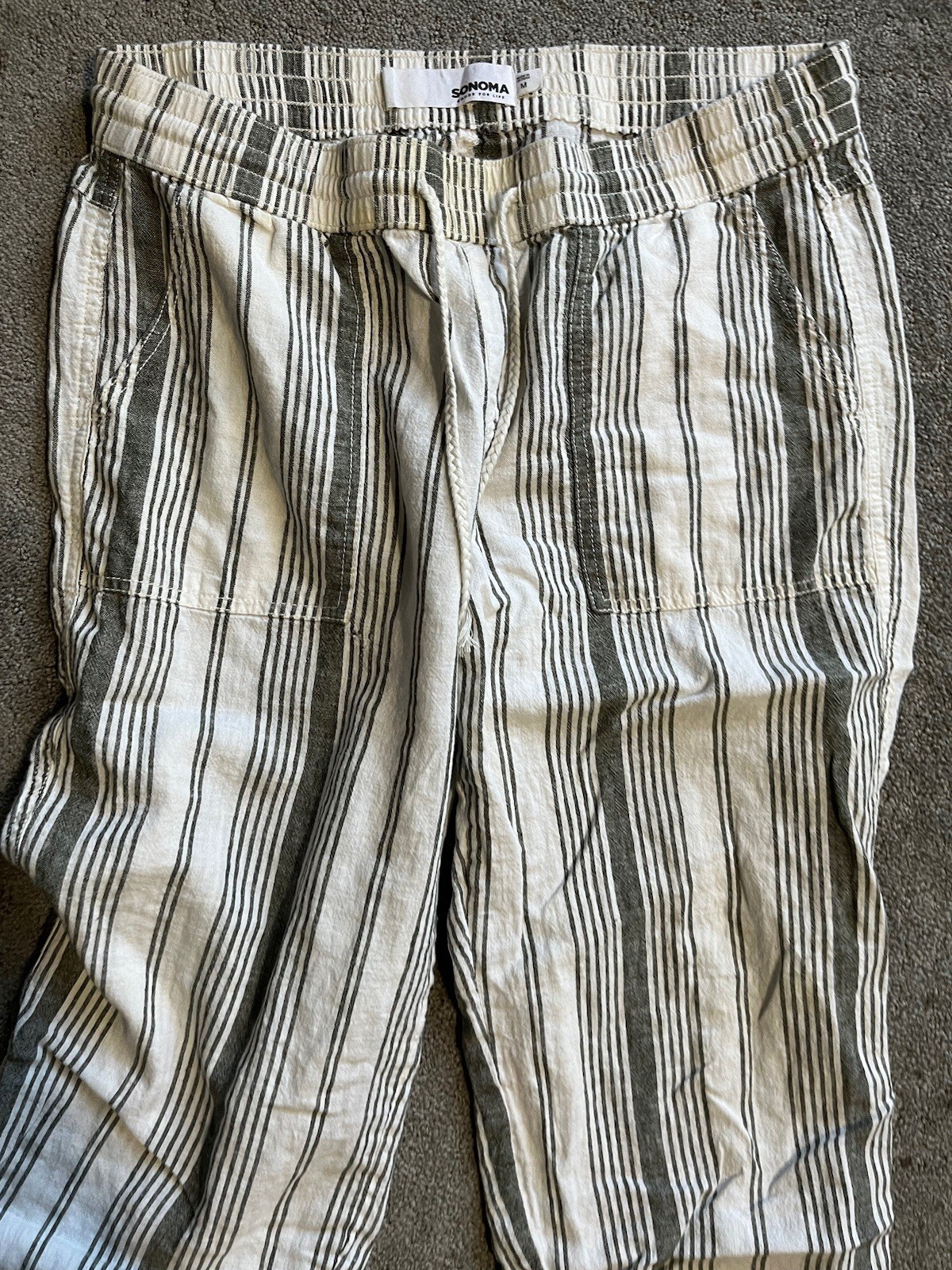 Sonoma Goods For Life Womens Linen Blend Striped Pull On Pants Green Cream M